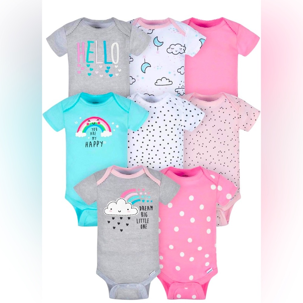 Gerber Baby Girls' 8-Pack Short Sleeve Rompers and memory book for baby. “New”